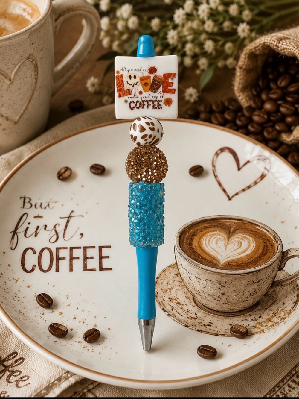 Handmade Decorative Blue Coffee-Themed Ballpoint Pen